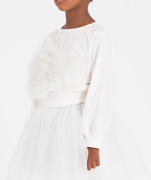 Chic and stylish white long-sleeve top with a fluffy flower and a sparkly tulle skirt for girls