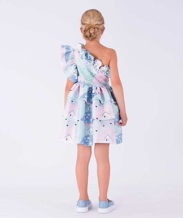 one-shoulder dress featuring cascading ruffles 