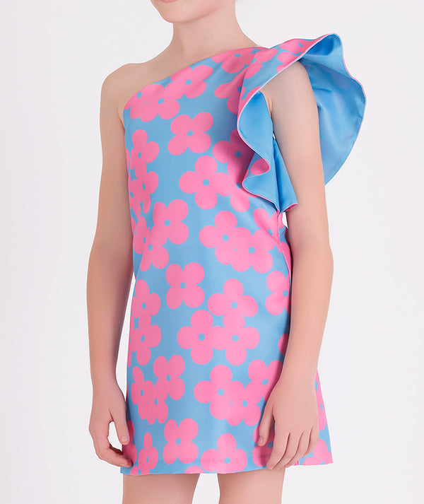 blue one shoulder dress with pink flower prints