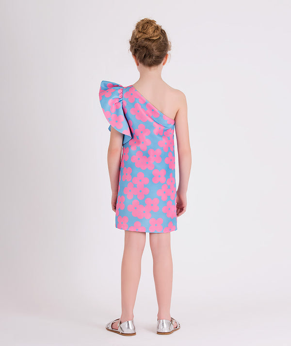 blue one shoulder dress with pink flower prints