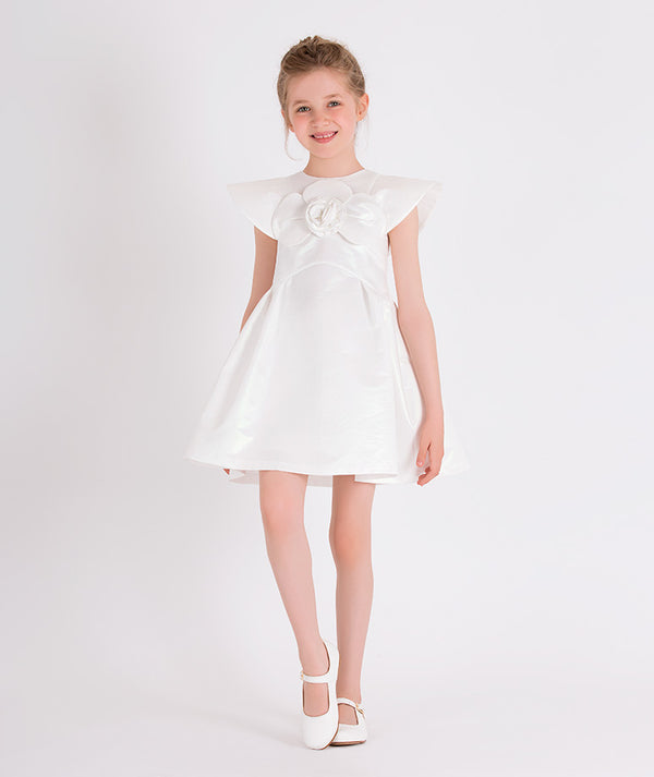 white dress with 3D rose detail on the front