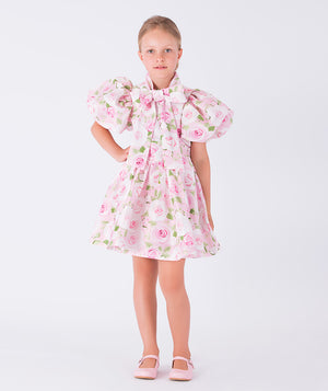 pastel pink balloon sleeved dress with a bow 