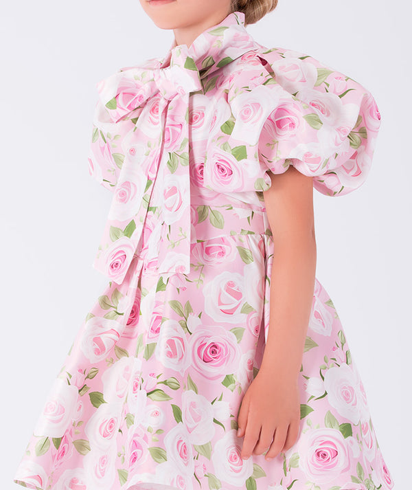 pastel pink floral balloon sleeved dress with a bow