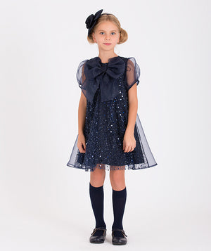 Navy blue sequin dress with sheer puff sleeves and oversized bow