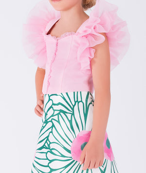 pastel pink blouse with organza ruffled sleeves and green floral skirt