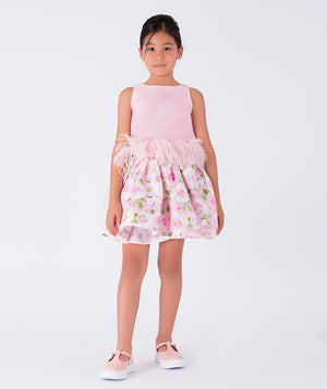 pink blouse with feathery waist and floral skirt