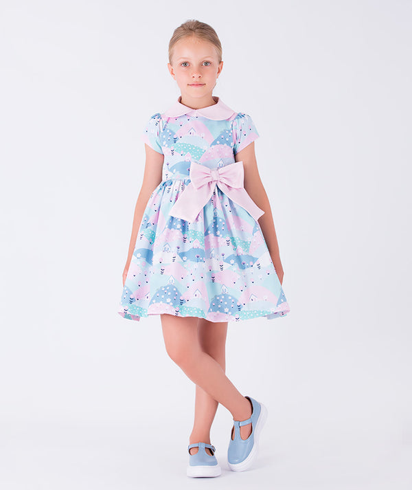 pastel printed dress with pink collar and a bow on the waist