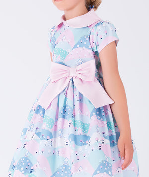 pastel printed, pink collared dress with a pink bow on the waist