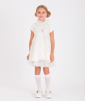 a charming white dress with delicate ruffled details and a large bow neck