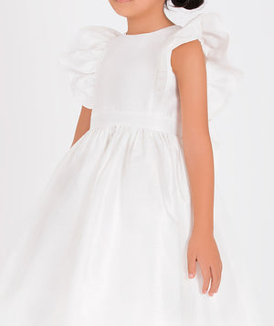 Elegant white girls' dress featuring ruffled sleeves and a flowing A-line silhouette