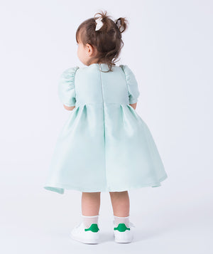 Adorable puff-sleeve baby dress crafted from soft satin 