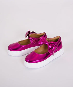 fuschia metallic bow shoes