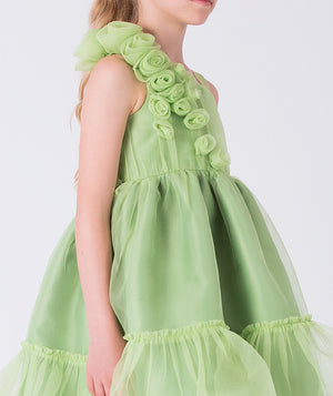 Close-up of the 3D floral shoulder detail on Mama Luma’s organza girls dress, showcasing couture craftsmanship for special occasions and ages 3–12.