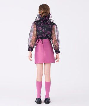 Back view of Mama Luma 3D Appliqué girls skirt in mulberry matte satin, knee-length silhouette with clean structured fit for birthdays, Eid, holidays, and special occasions, ages 3–12Y