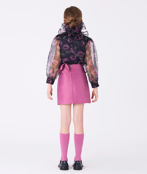 Back view of Mama Luma 3D Appliqué girls skirt in mulberry matte satin, knee-length silhouette with clean structured fit for birthdays, Eid, holidays, and special occasions, ages 3–12Y