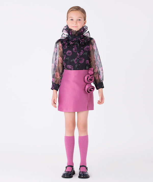 Mama Luma 3D Appliqué girls skirt in mulberry matte satin with sculptural 3D rose appliqués, knee-length elegant design for birthdays, Eid, holidays, and special occasions, ages 3–12Y