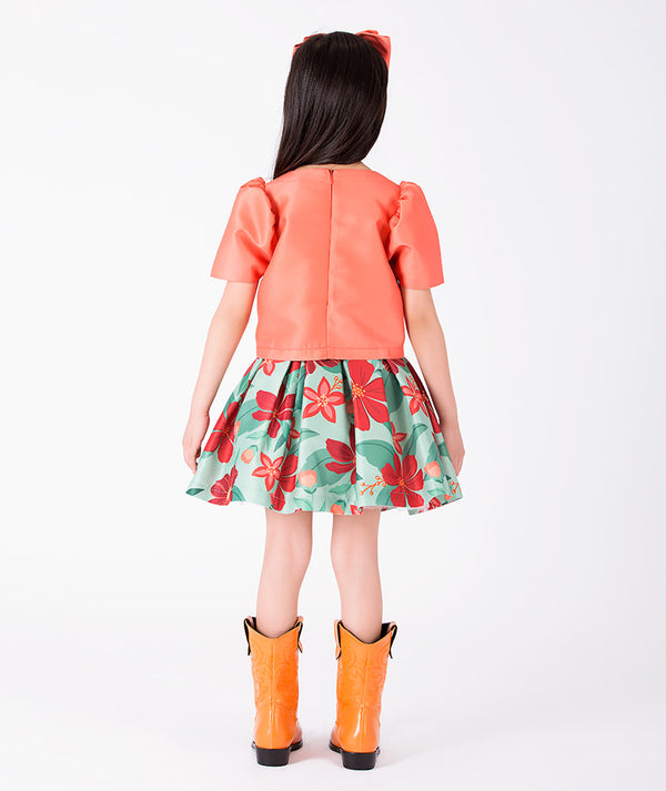 Back view of 3D Flower Appilqués Girls Outfit | 2 Pieces in mint green for girls ages 3 to 12, showing the silhouette and refined construction