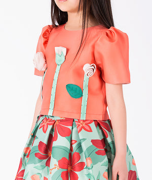 Close-up of 3D Flower Appilqués Girls Outfit | 2 Pieces in mint green for girls ages 3 to 12, highlighting fabric texture and designer details