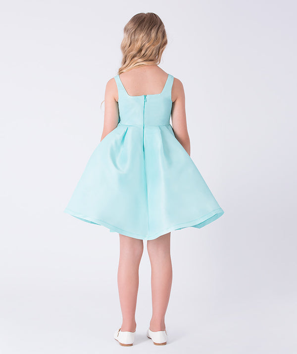 Back view of 3D Flower Applique Girls Dress showing fit-and-flare silhouette, knee-length skirt, and concealed zipper.