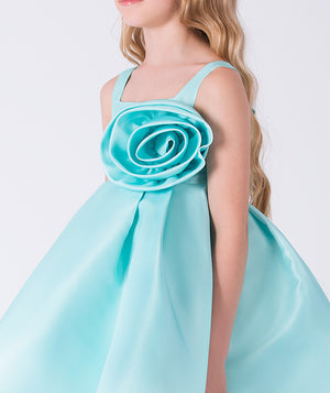 Close-up of 3D Flower Applique Girls Dress featuring sculpted flower appliqué and smooth structured fabric.