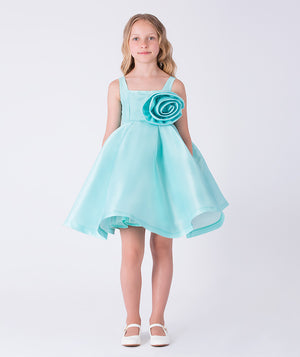 3D Flower Applique Girls Dress with sculptural floral detail, sleeveless design, and flared skirt, front view girls occasion dress.