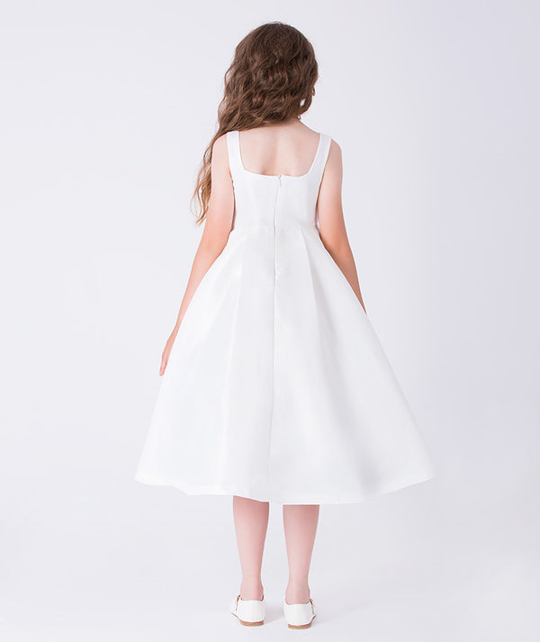 Back view of 3D Flower Applique Girls Dress featuring fit and flare silhouette, knee length skirt, and concealed zipper.