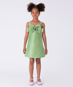 Front view of a 3D flower detail flower girl dress, perfect for weddings, flower girls, and summer celebrations for girls ages 3–12.