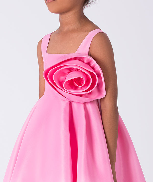 Close up of 3D Flower Applique Girls Dress showing dimensional flower applique and smooth satin finish fabric.