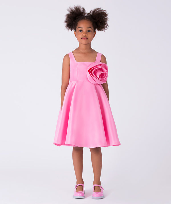 3D Flower Applique Girls Dress with sculptural flower detail, sleeveless design, and flared skirt, front view.