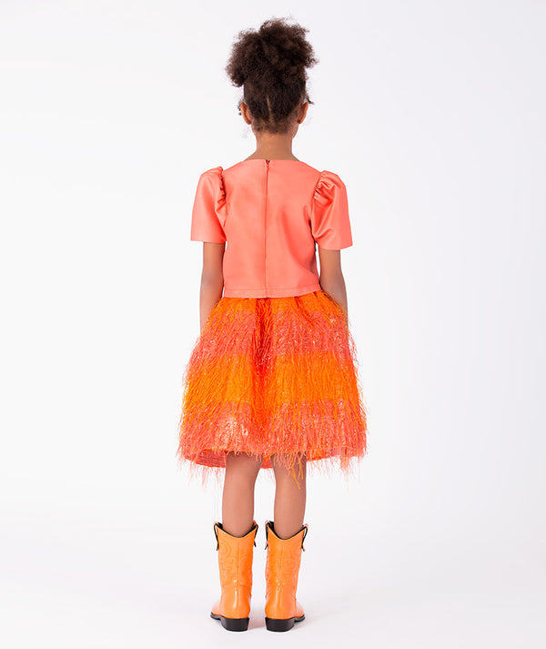 Back view of 3D Flowers Girls Outfit | 2 Pieces in mint green feather for girls ages 3 to 12, showing the silhouette and refined construction