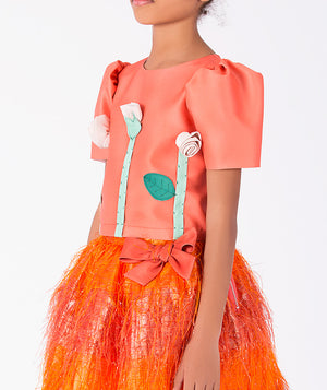 Close-up of 3D Flowers Girls Outfit | 2 Pieces in mint green feather for girls ages 3 to 12, highlighting fabric texture and designer details