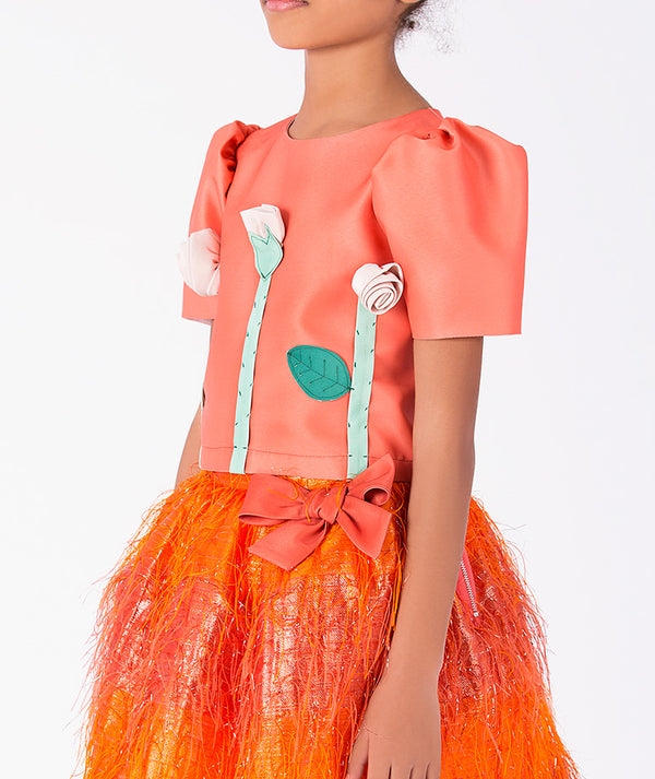 Close-up of 3D Flowers Girls Outfit | 2 Pieces in mint green feather for girls ages 3 to 12, highlighting fabric texture and designer details