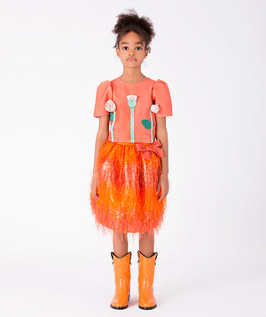 Front view of 3D Flowers Girls Outfit | 2 Pieces in mint green feather for girls ages 3 to 12, a premium children’s design by Mama Luma