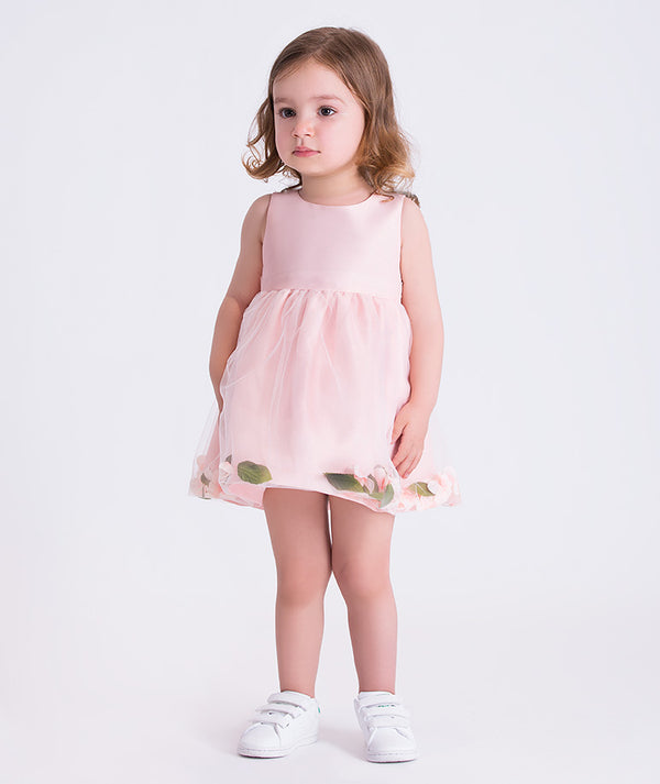 Front view of the 3D Petals Baby Girl Dress featuring a sleeveless blush design with tulle overlay and petal hem detailing, crafted from premium lightweight fabric with cotton lining, designed for babies ages 12–36 months for birthdays and special occasions.