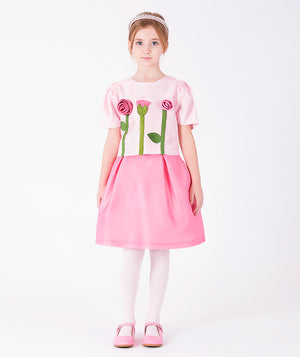 Front view of 3D Rose Appliqué Girls Outfit | 2 Pieces in blush pink satin for girls ages 3 to 12, showing overall silhouette and styling