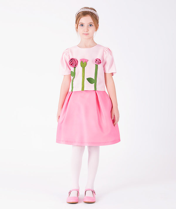 Front view of 3D Rose Appliqué Girls Outfit | 2 Pieces in blush pink satin for girls ages 3 to 12, showing overall silhouette and styling