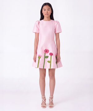 Front view of 3D Rose Appliqué Women's Dress in pink structured matte satin, showing overall silhouette and styling