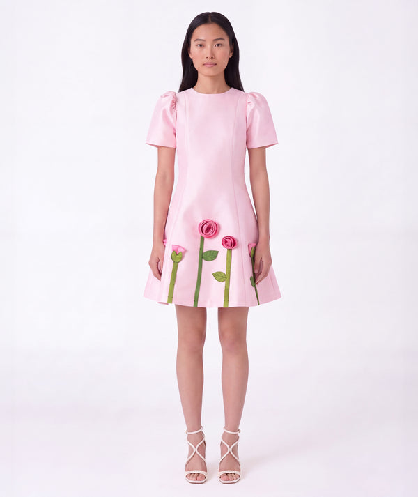 Front view of 3D Rose Appliqué Women's Dress in pink structured matte satin, showing overall silhouette and styling