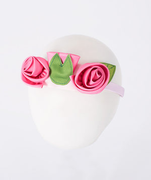 Front view of 3D Rose Appliqués Headband in blush pink, showing overall silhouette and styling