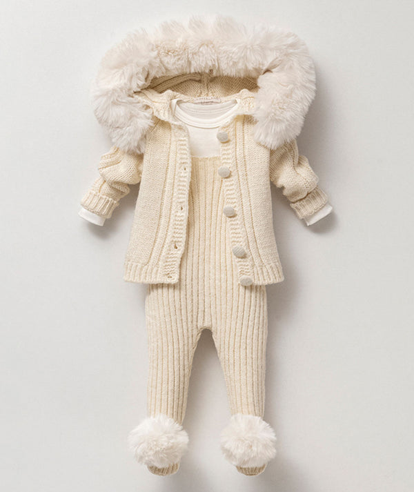 Ivory Fur Hood Knit Baby Set | 3 Pieces