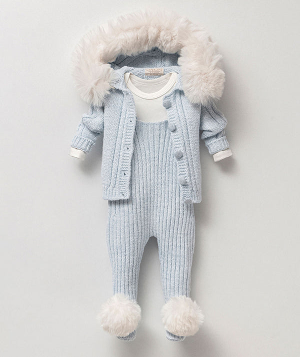 Sky Fur Hood Knit Baby Set | 3 Pieces