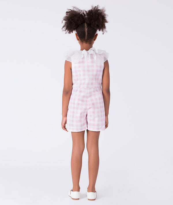 Back view of a pink checkered girls romper by Mama Luma, crafted for Eid celebrations, Easter gatherings, and timeless family moments for ages 3–12.