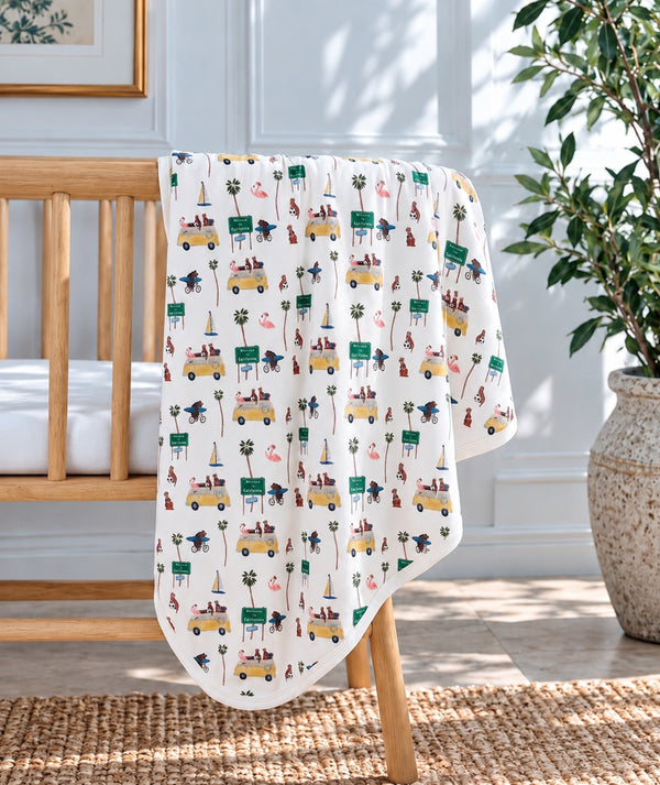 Road Trip print baby blanket, cozy nursery essential.
