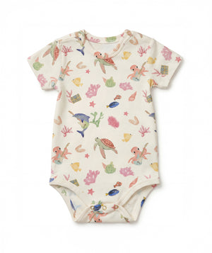 Casa Marisol Ocean baby bodysuit with turtles octopus tropical fish and coral underwater illustrated newborn outfit