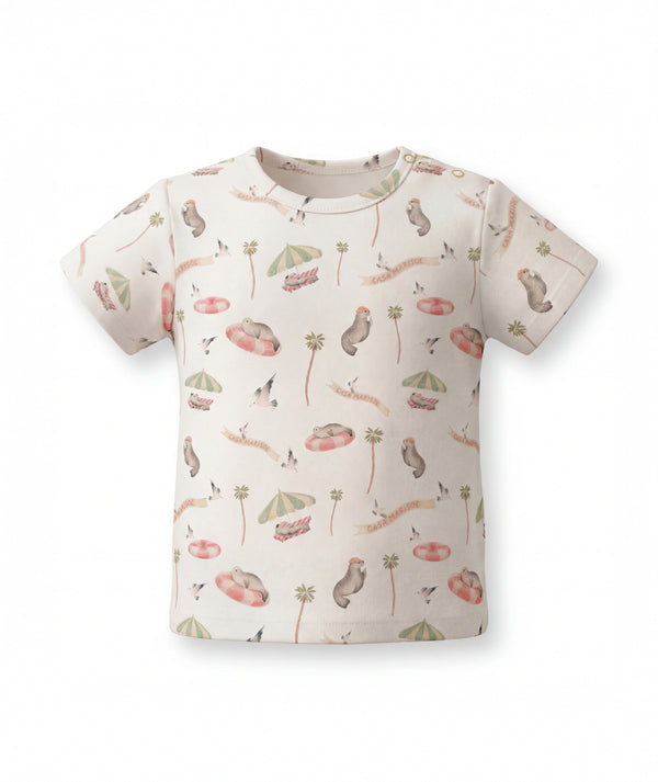 Children's t-shirt with nature-themed print on a white background