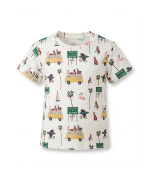 Casa Marisol Road Trip toddler T-shirt with illustrated California vans palm trees sailboats and flamingos kidswear