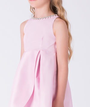 Close-up of crystal embellished neckline on pink girls dress by Mama Luma, elegant sleeveless occasion dress detail