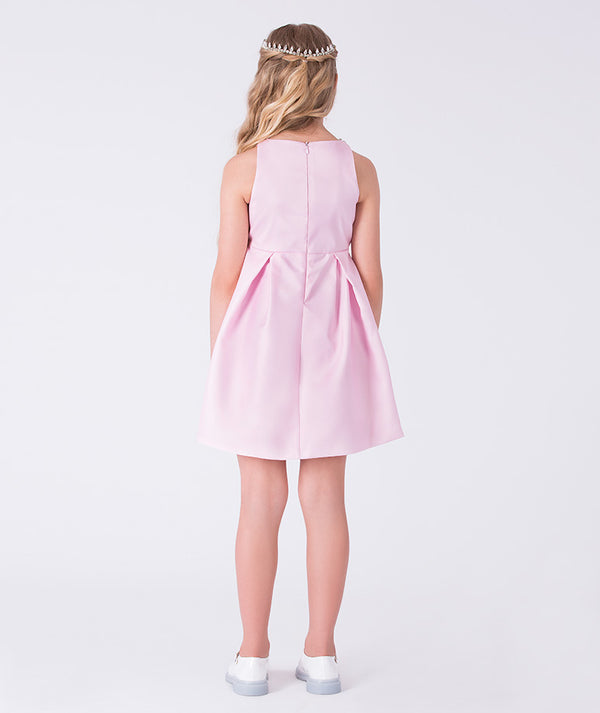 Back view of crystal neckline pink girls dress by Mama Luma, sleeveless occasion and flower girl dress with hidden zipper