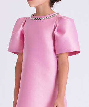 Pink dress with embellished neckline on a white background