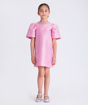 Young girl wearing a pink dress with short sleeves on a white background